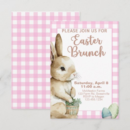 Osterfeier Einladung Rabbit Pink Gingham Kariert (Vorne/Hinten)