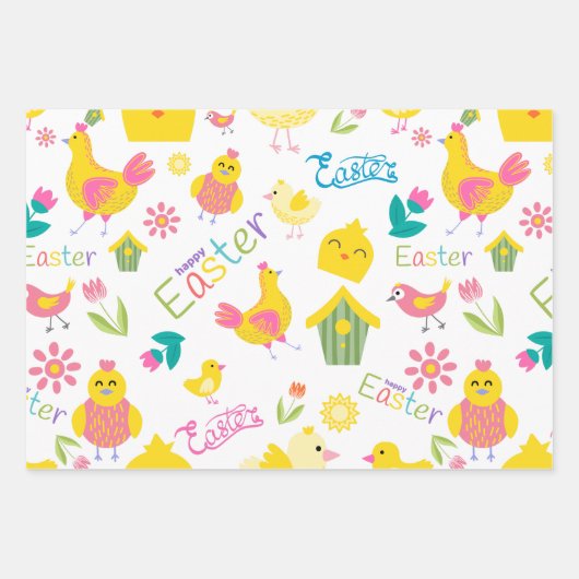 Ostergelbe Niedliche Chicks und Bunnies Geschenkpapier Set (Vorderseite)