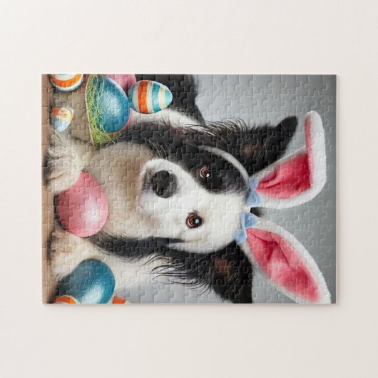 Ostergrenze Collie Hund mit Holiday Eggs Puzzle (Horizontal)