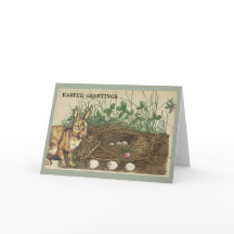 Ostergruß Kaninchen, Eier, Nest, Gras, Klee