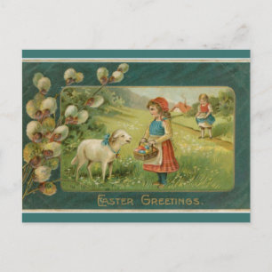 Ostergruß mit Mädchen und Lämmern auf einem Feld Postkarte