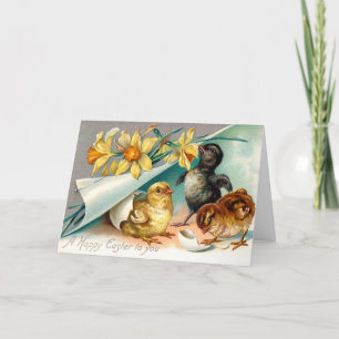 Ostergruß mit Vintage-Küken und gelben Blumen Feiertagskarte