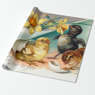 Ostergruß mit Vintage-Küken und gelben Blumen Geschenkpapier