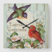 Ostergruß Vintag Retro Songbirds Quadratische Wanduhr (Vorderseite)