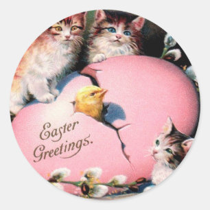 Ostergrüße im Vintage-Stil Katzen Küken und Ostere Runder Aufkleber