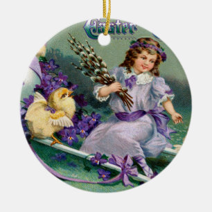 Ostergrüße Mädchen Ei Küken Karosse Vintage Keramik Ornament