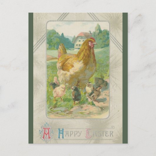 Ostergrüße mit alten Hühnern auf einem Bauernhof Postkarte (Vorderseite)