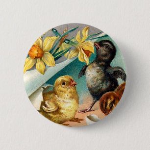 Ostergrüße mit Vintage-Küken und gelben Blumen Button