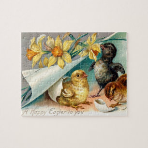 Ostergrüße mit Vintage-Küken und gelben Blumen Puzzle