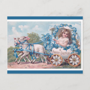 Ostergrüße mit Vintage-Mädchen, das von Lämmern ge Postkarte