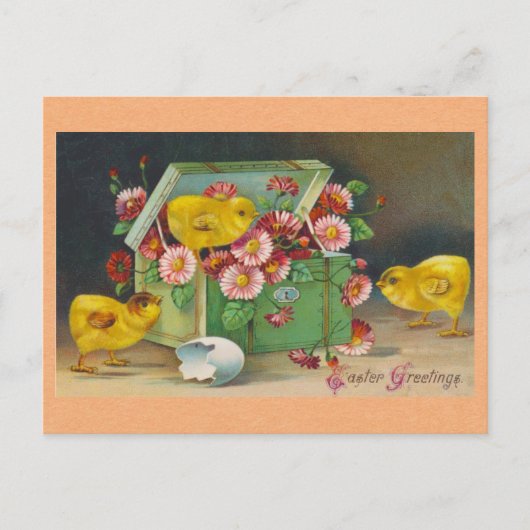 Ostergrüße Vintage Niedliche Chicks Blumenbeete Postkarte (Vorderseite)