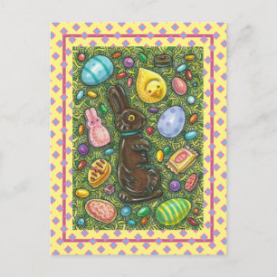 OSTERHASE AUS SCHOKOLADE, KÜKEN, EIER, JELLY BEANS FEIERTAGSPOSTKARTE