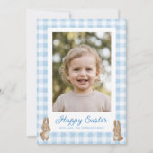 Osterhase Blau Gingham Foto Feiertagskarte (Vorderseite)