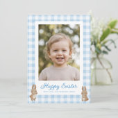 Osterhase Blau Gingham Foto Feiertagskarte (Stehend Vorderseite)