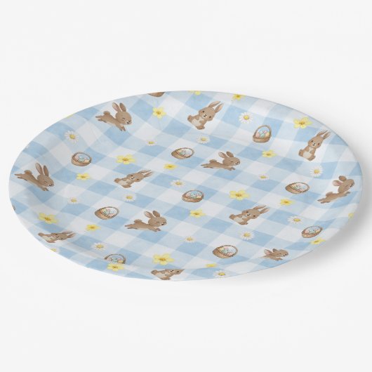 Osterhase Blau Gingham Pappteller (Schrägansicht)