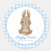 Osterhase Blau Wasserfarbe Gingham Runder Aufkleber (Vorderseite)