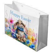 Osterhase blaue Schärpe Frohe Ostern Große Geschenktüte (Vorderseite Schrägansicht)