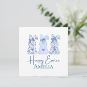 Osterhase Blauer Blütenbock Personalisiert Einladung (Stehend Vorderseite)