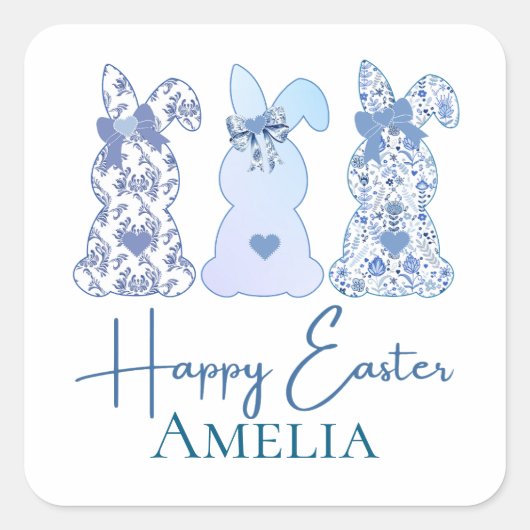 Osterhase Blauer Blütenbock Personalisiert Quadratischer Aufkleber (Vorderseite)