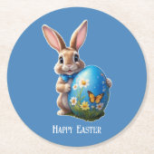Osterhase blauer Schleife - Runder Pappuntersetzer (Vorderseite)