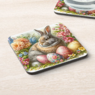 Osterhase Blumen-Set aus 6 Hartplastik-Unterlagen Getränkeuntersetzer