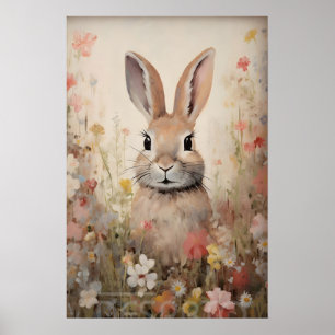 Osterhase Blumenfeld Druck, Cottagecore Poster