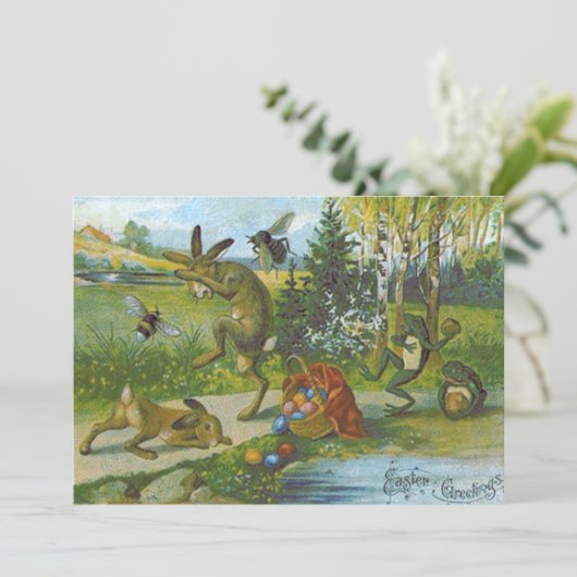 Osterhase Bunny Basket farbig Eier Frosch Einladung (Stehend Vorderseite)