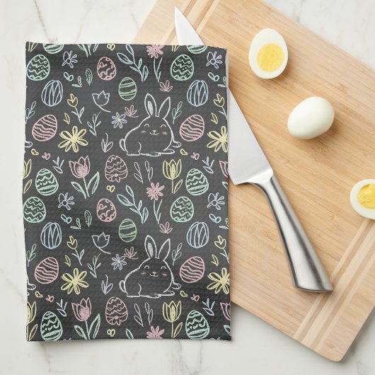 Osterhase-Doodle-Muster auf Schultafel Geschirrtuch (Viertel Falte)