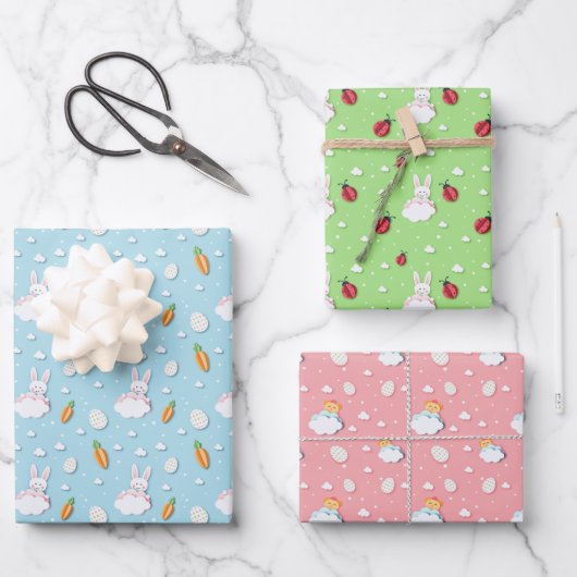 Osterhase, Ei, Karotten & Ladybug Wrapping Paper Geschenkpapier Set (Vorderseite)