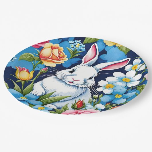 Osterhase Frühlingsblume Navy Blau Pappteller (Schrägansicht)