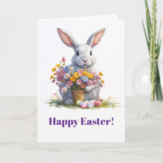 Osterhase Frühlingsblumen in Blumen Feiertagskarte (Vorderseite)