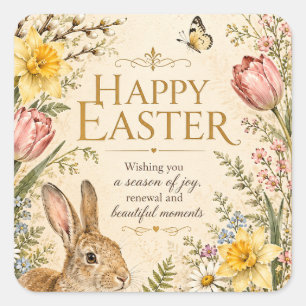 Osterhase Gruß Gartenblumen im Vintage-Stil Quadratischer Aufkleber