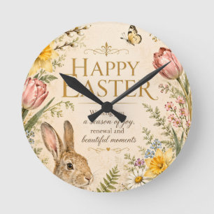 Osterhase Gruß Gartenblumen im Vintage-Stil Runde Wanduhr