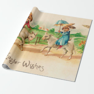 Osterhase Hase reitet Lämmer Grüße Vintage Geschenkpapier