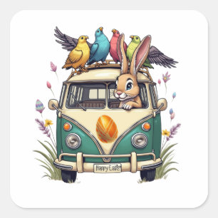 Osterhase im Bus mit Vogelfreunden - Frühjahr 2008 Quadratischer Aufkleber