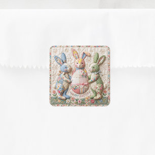 Osterhase im Vintage-Look, Faux-Patchwork-Quilt-Dr Quadratischer Aufkleber