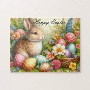 Osterhase im Vintage-Stil mit Blumen und Eiern  Puzzle