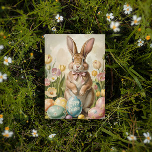 Osterhase im Vintage-Stil mit Tulpen Postkarte