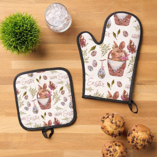 Osterhase in einem Korb Ofenhandschuh & Topflappen-Set (Oben Unten)