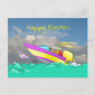 Osterhase, in einem Schnellboot. Feiertagspostkarte