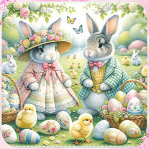Osterhase in voller Frühlingsfarben-Montur Quadratischer Aufkleber