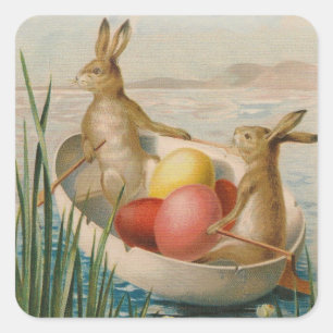Osterhase Kaninchen Farb-Ei Boot Quadratischer Aufkleber