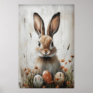 Osterhase Kaninchen im Blumenmuster, rustikale Ost Poster