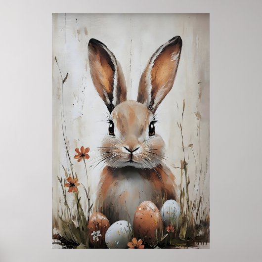 Osterhase Kaninchen im Blumenmuster, rustikales Os Poster (Vorne)