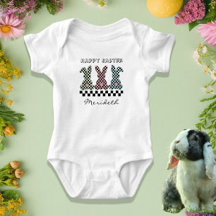 Osterhase Karo Rosa Grün Türkis Monogramm Baby Strampler