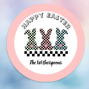 Osterhase Karo Rosa Grün Türkis Monogramm Runder Aufkleber