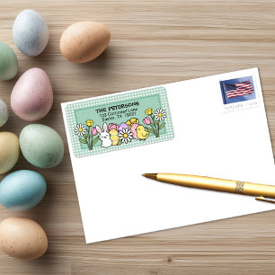 Osterhase Küken Eier Blumen Grün Gingham Adressaufkleber