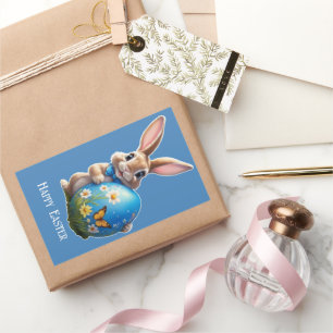 Osterhase mit blauer Schleife - Rechteckiger Aufkleber