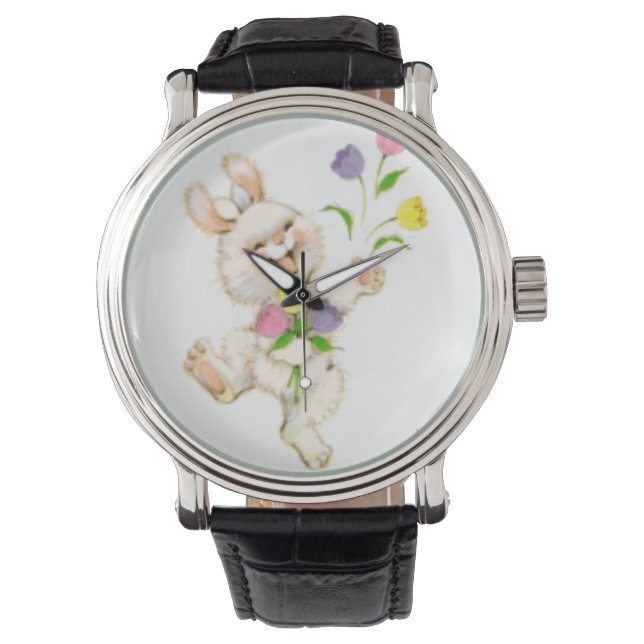Osterhase mit Blume Cartoon Armbanduhr (Vorderseite)