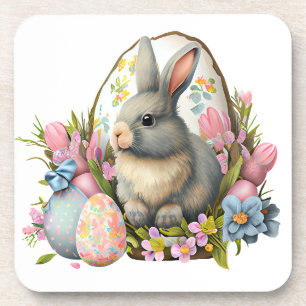 Osterhase mit Blumen und Eiern, farbenfrohe Blüten Getränkeuntersetzer